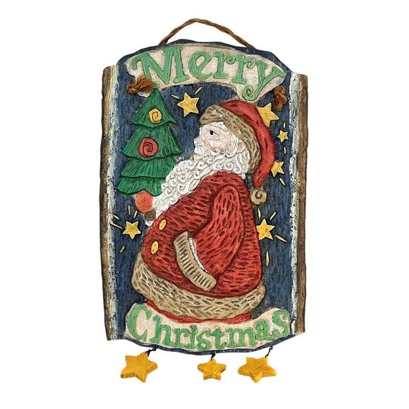 Hand-Painted Santa Wall Hanging Merry Christmas Plaque Holiday Winter Decor - Picture 1 of 8